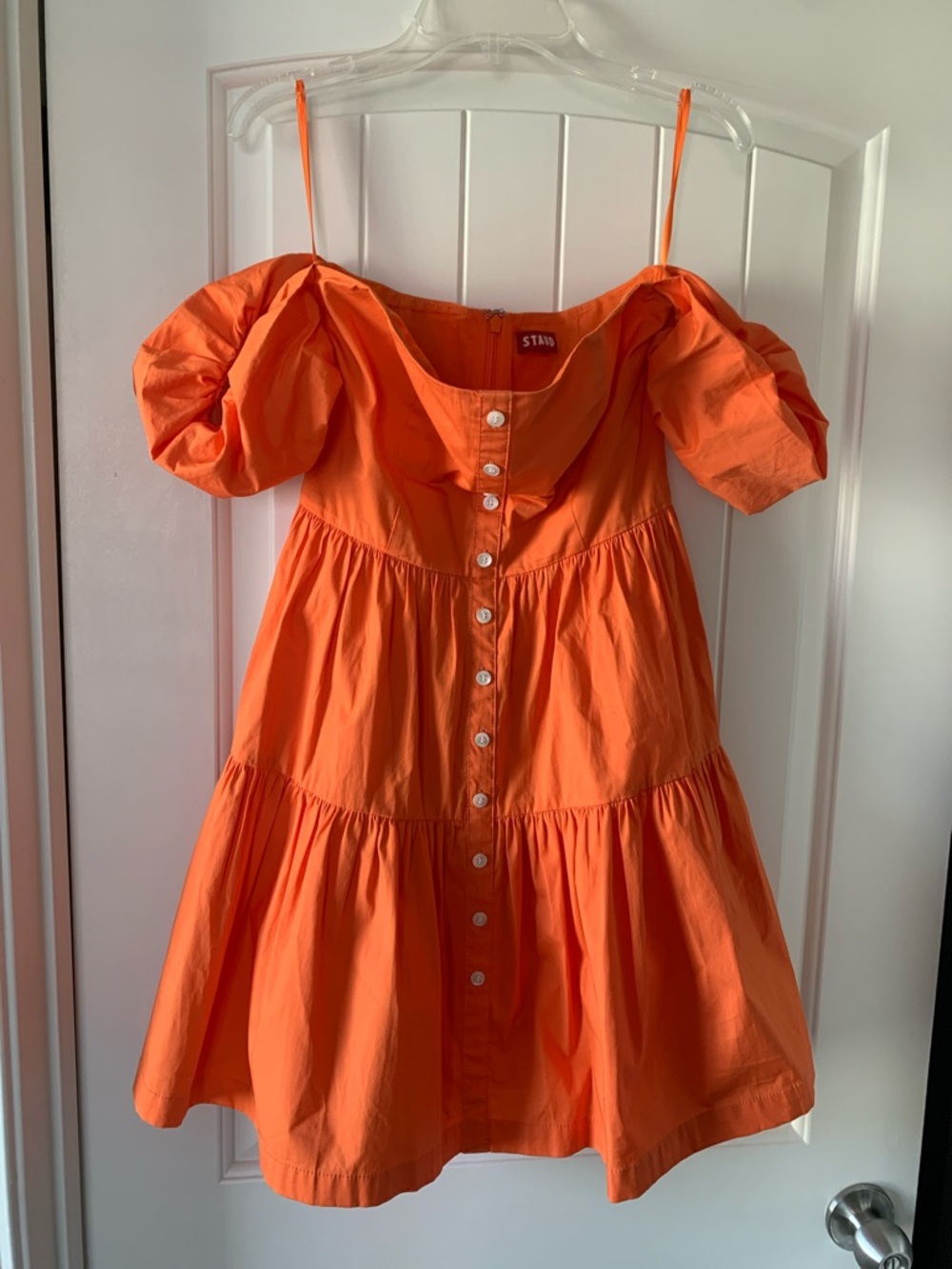 STAUD Women’s Elio Off-Shoulder Orange Button Babydoll Ruffle Mini Sun Dress 4 - Picture 3 of 14
